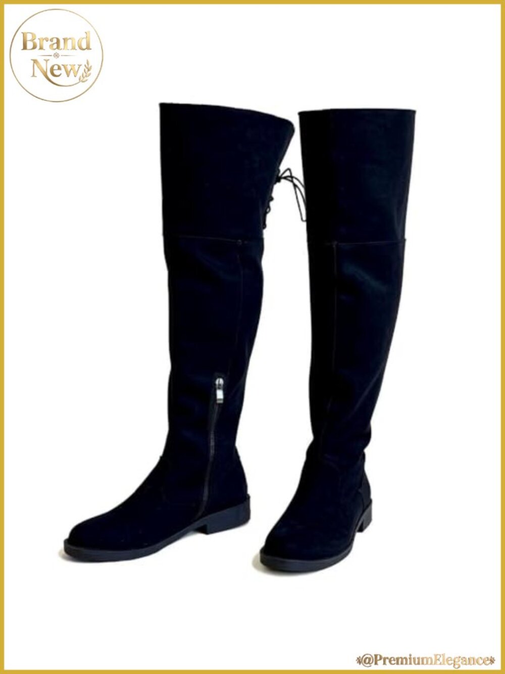 Womens Wide Calf Over Knee High Boots Suede Leather Chunky Heel Lace Up